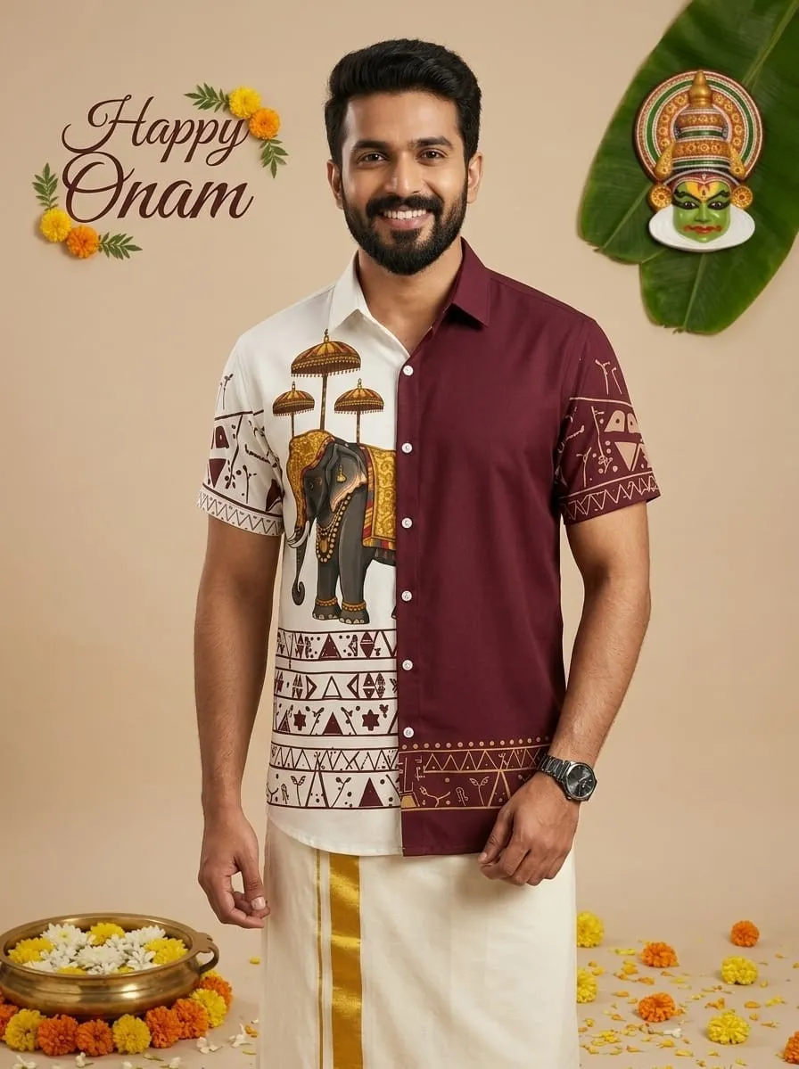 Guruvayur Maroon Ivory Elephant Print Gold Kara Mundu Dhoti Set